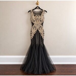 Camille La Vie Black Gold Embroidered Rhinestone Mermaid Prom Dress 78673 4